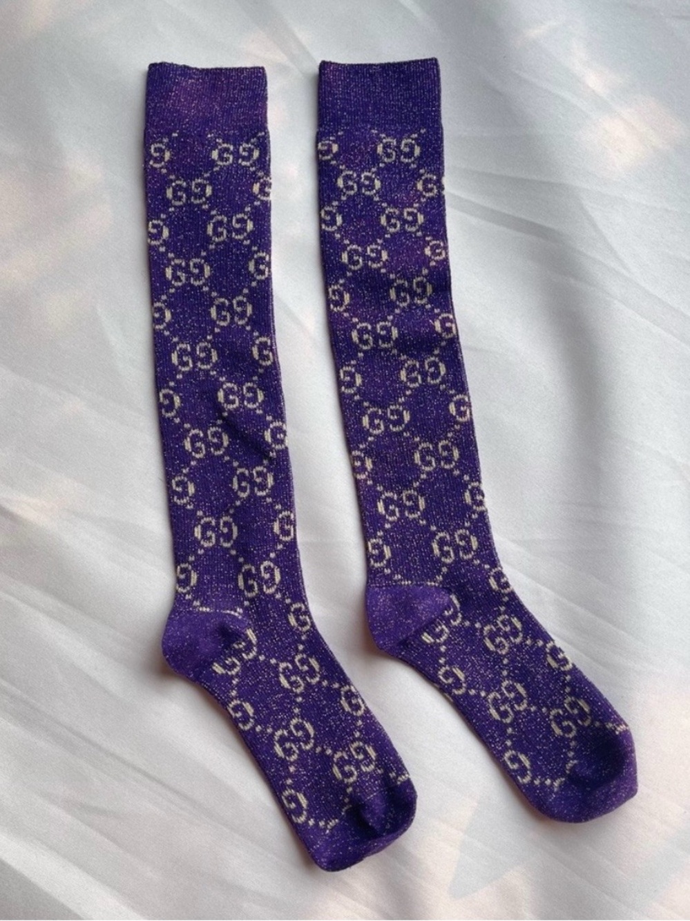 New With Tags Gucci. Lamé Logo Sparkle Socks Purple and Gold knee Hight